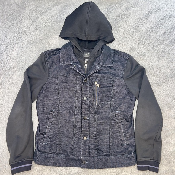 Armani Exchange Other - Armani Exchange Jacket Mens Large Black Denim Hooded Mixed Media Zip Snap Hybrid